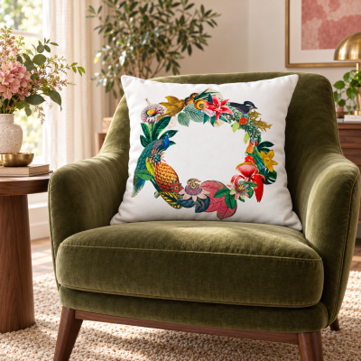 Velvet cushion with a colourful botanical wreath design displayed on a green armchair